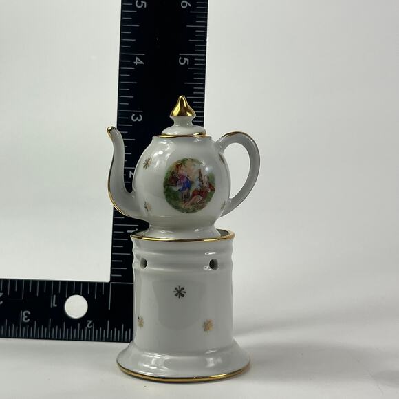 Limoges Miniature Teapot With Warmer Stand France White Mini Gold Trim Vintage - Picture 8 of 8